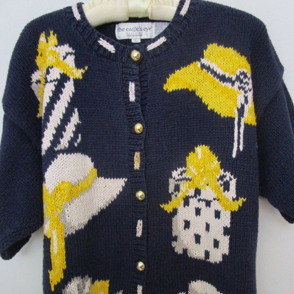 Charming Hat Intarsia Knit Sweater Navy Yellow Ramie Cotton Vintage 1990s